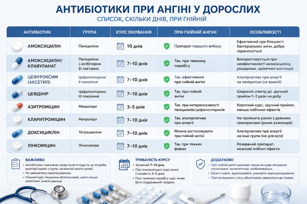 Інфографіка з таблицею антибіотиків при ангіні у дорослих: амоксицилін, азитроміцин, цефуроксим та інші — із зазначенням групи, тривалості курсу та особливостей при гнійній ангіні