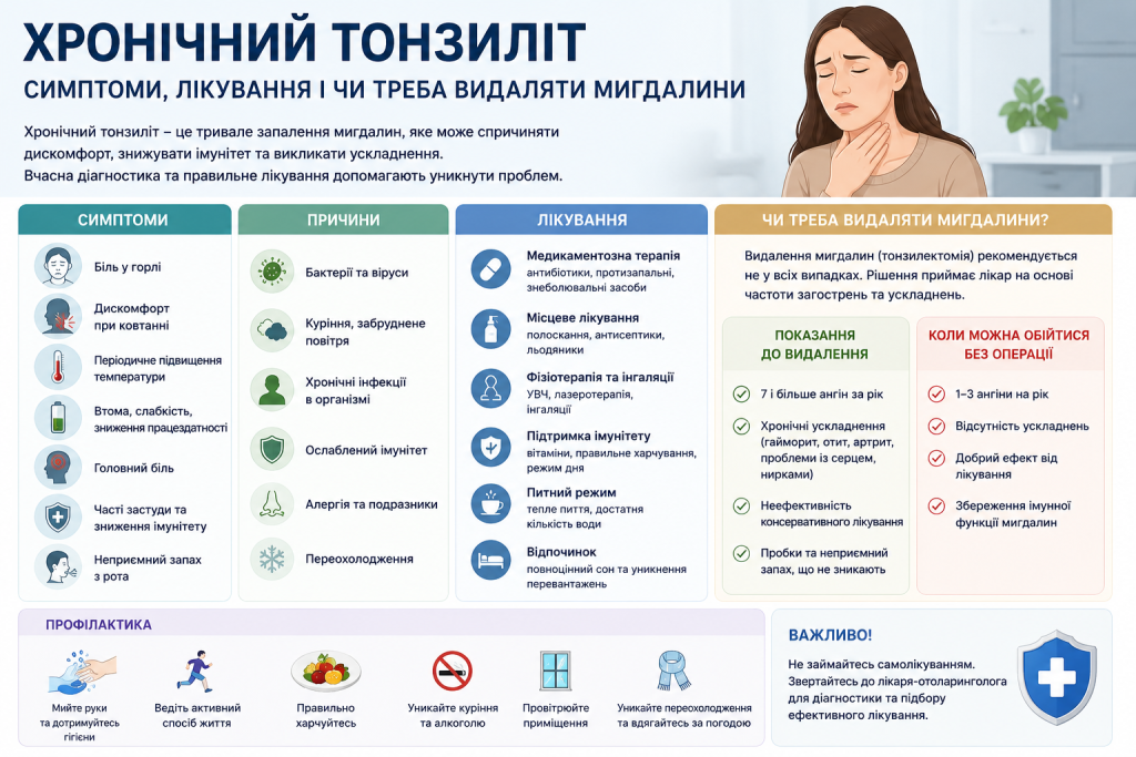 Інфографіка про хронічний тонзиліт із переліком симптомів, причин, методів лікування, показань до видалення мигдалин та заходів профілактики
