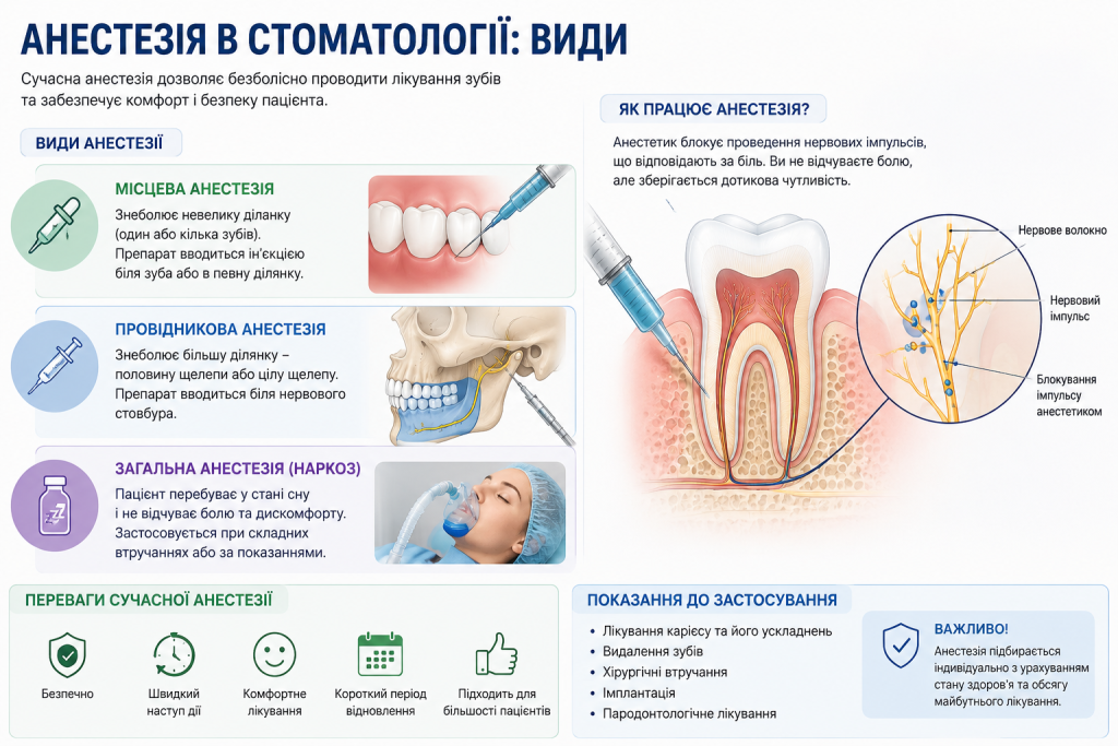 Інфографіка «Анестезія в стоматології» з описом місцевої, провідникової та загальної анестезії, схемою дії анестетика на нерв, перевагами та показаннями до застосування