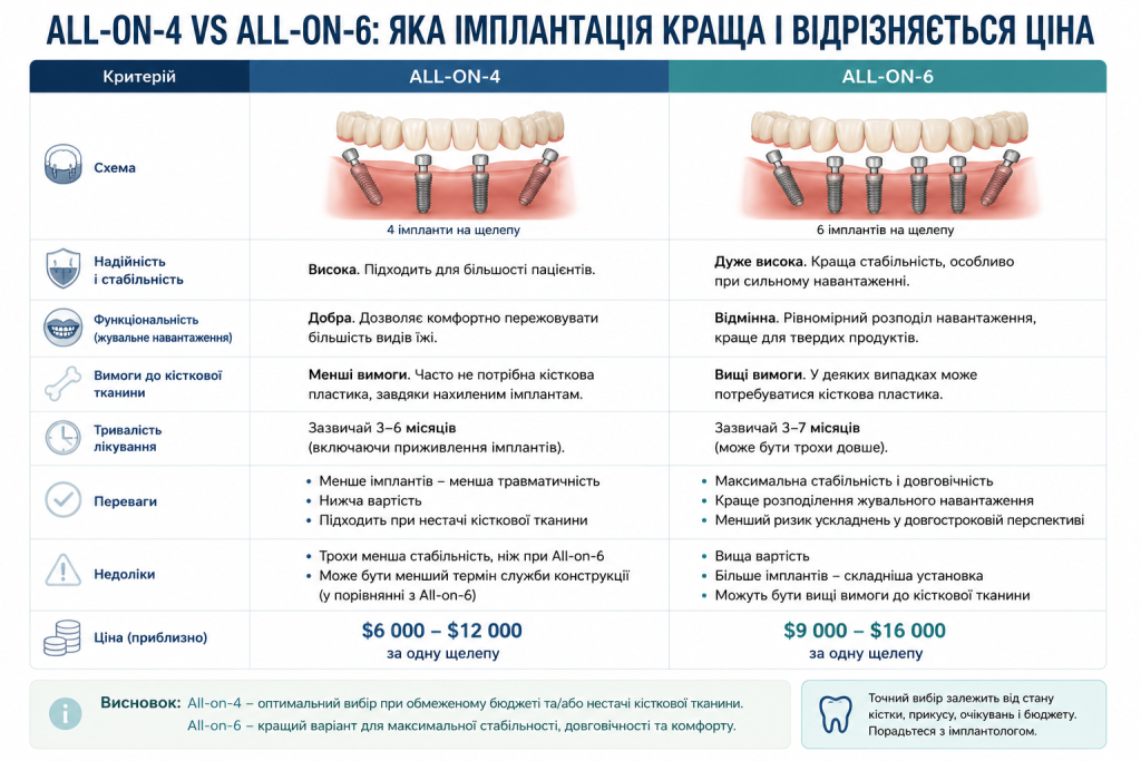 Порівняльна таблиця імплантації All-on-4 та All-on-6 за ціною і характеристиками