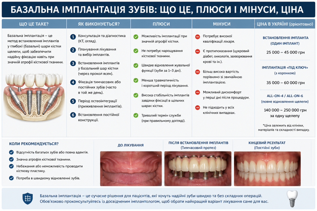 Інфографіка про базальну імплантацію зубів з етапами процедури, перевагами, недоліками та цінами в Україні