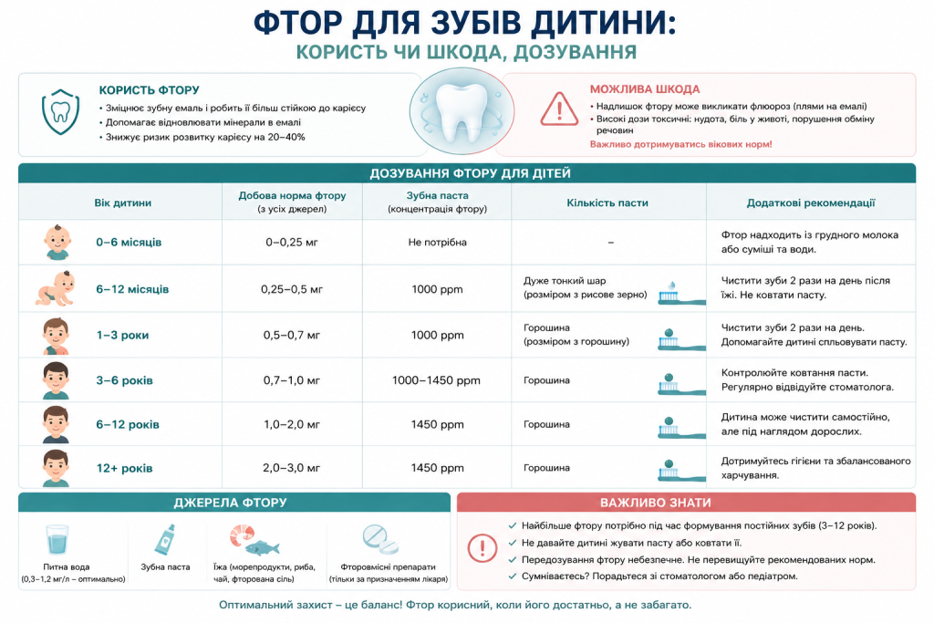 Інфографіка про дозування фтору для дітей різного віку та джерела фтору