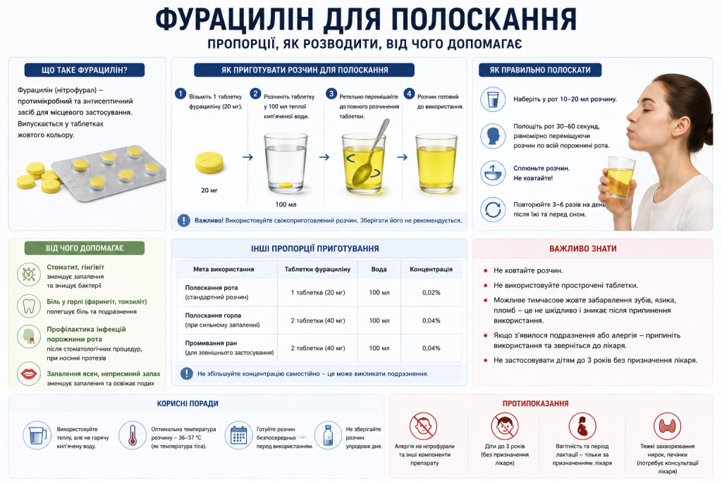 Інфографіка про приготування розчину фурациліну для полоскання, правильне використання, пропорції та протипоказання.