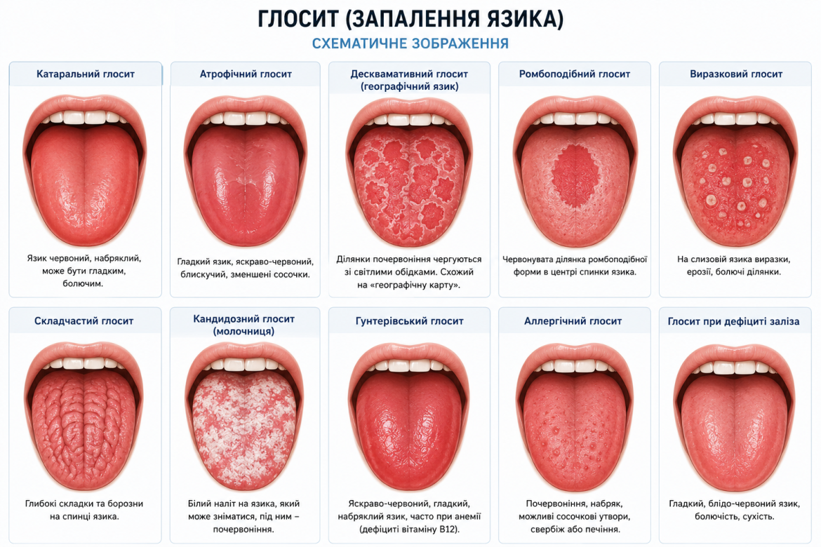 Схематичне порівняння основних видів глоситу із зовнішнім виглядом язика та коротким описом змін.