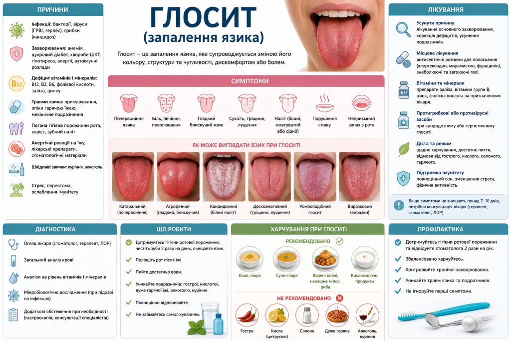 Інфографіка про глосит із причинами виникнення, симптомами, видами, методами лікування та профілактикою.