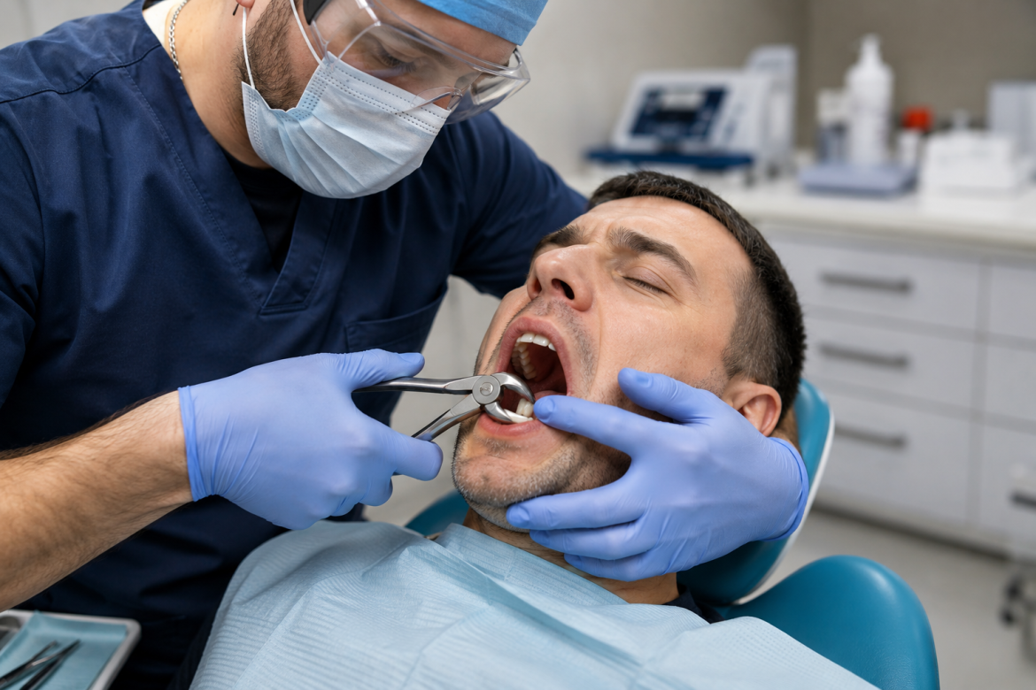 Стоматолог видаляє пацієнту зуб мудрості