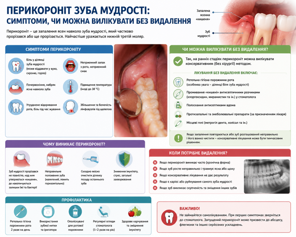 Інфографіка про симптоми, причини та лікування перикороніту зуба мудрості
