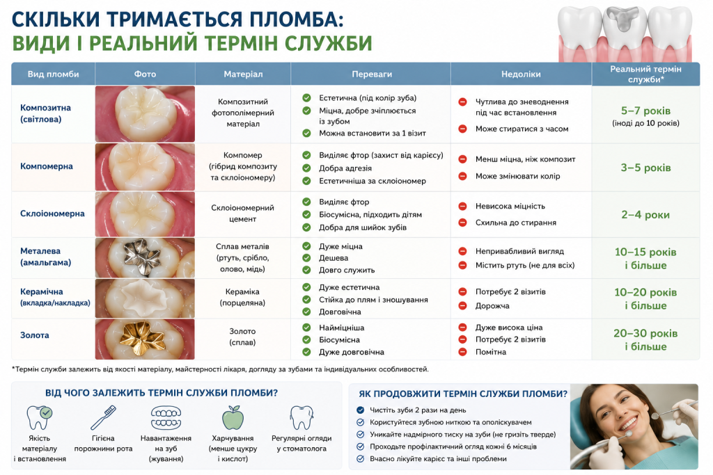 Порівняльна таблиця видів зубних пломб з термінами служби — композитна, керамічна, металева та інші