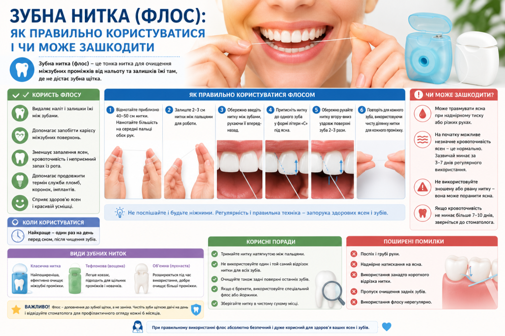 Інфографіка про користь, правила використання та помилки під час застосування зубної нитки