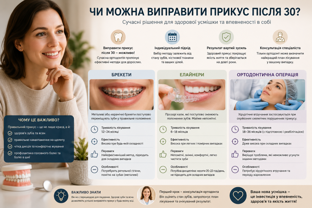 Інфографіка про виправлення прикусу після 30 років за допомогою брекетів, елайнерів та ортодонтичної операції