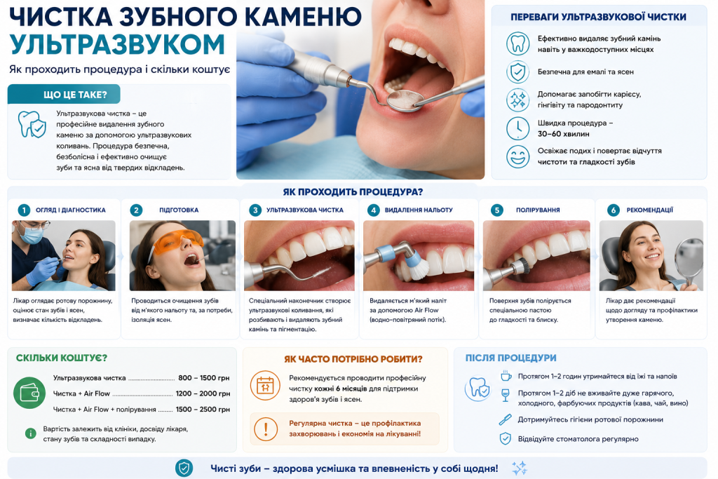 Інфографіка про етапи, переваги та вартість ультразвукового чищення зубного каменю