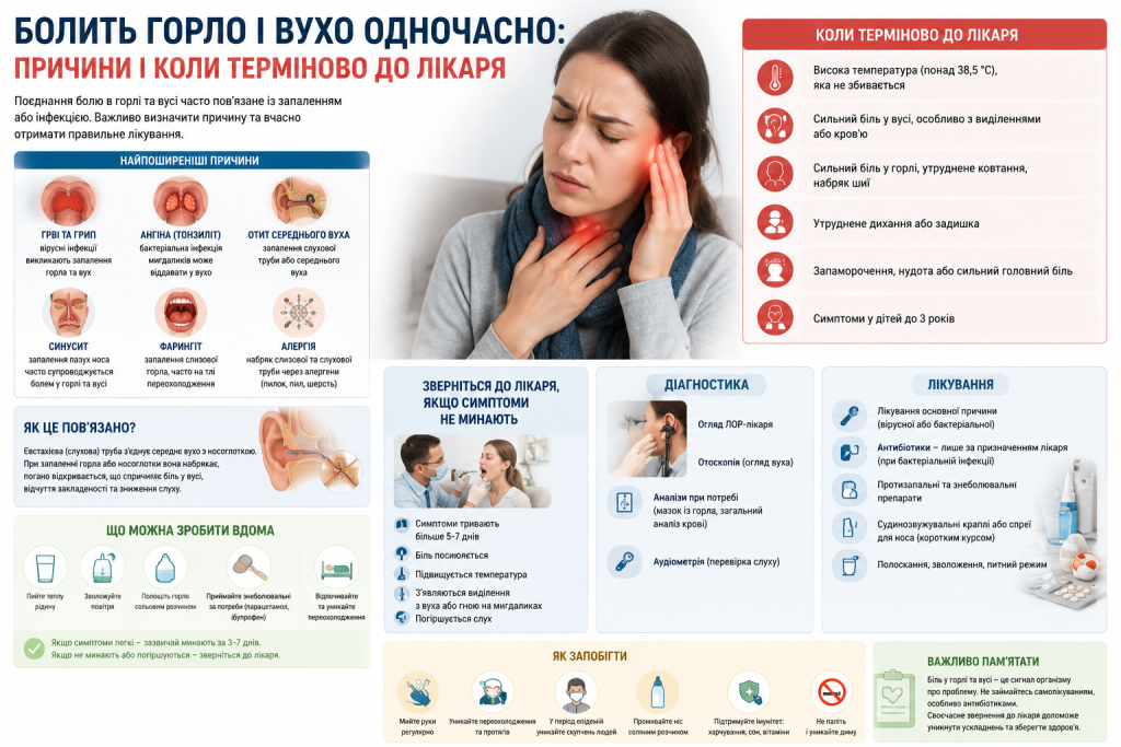 Інфографіка про одночасний біль у горлі та вусі: можливі причини, діагностика, лікування і симптоми для звернення до лікаря