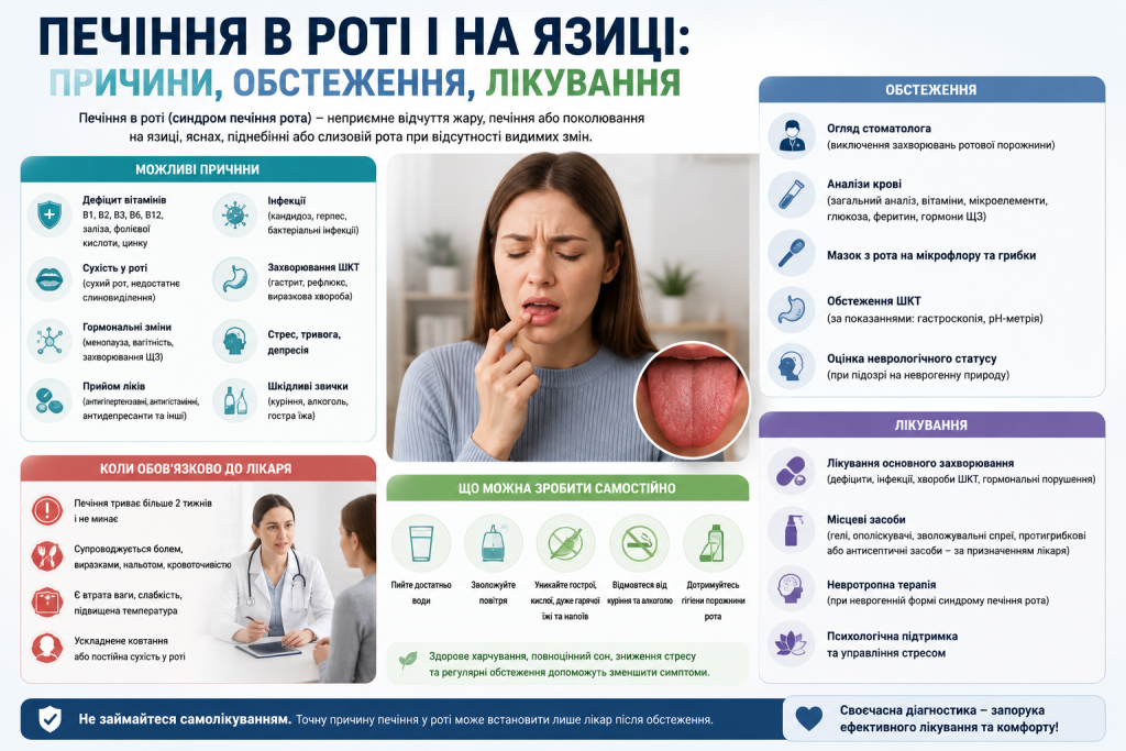 Інфографіка про печіння в роті та на язиці: можливі причини, діагностика, лікування та рекомендації