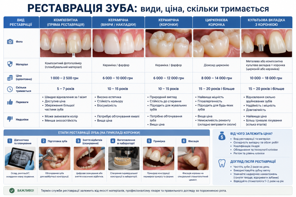 Інфографіка про види реставрації зубів, матеріали, орієнтовні ціни, переваги та термін служби