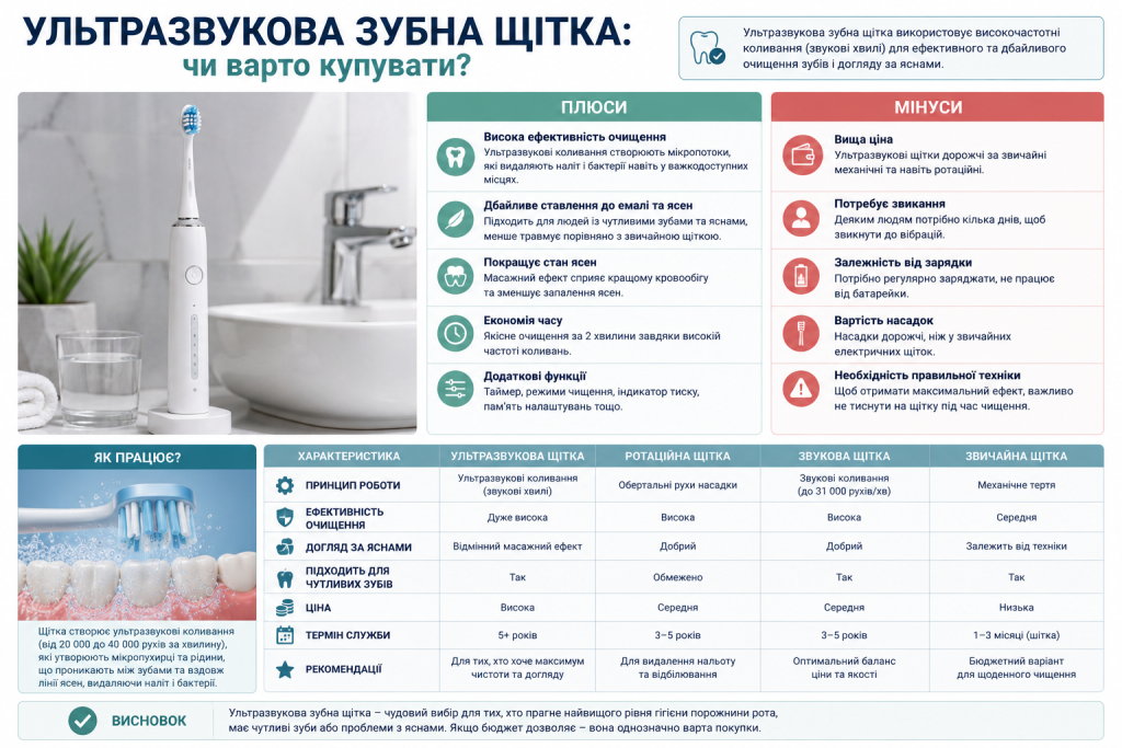Інфографіка про ультразвукову зубну щітку, її плюси, мінуси, принцип роботи та порівняння з іншими щітками