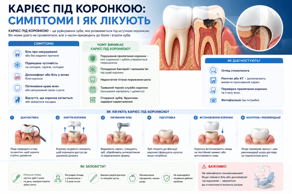Інфографіка про причини, ознаки, діагностику, лікування та профілактику карієсу під зубною коронкою