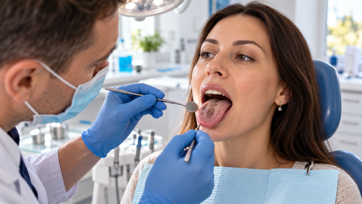 Ultra-realistic bright dental consultation scene illustrating dark spots on the tongue, adult Slavic patient sitting in a modern dental clinic while an adult Slavic dentist carefully examines the tongue and oral cavity with a small mirror and examination light, visible dark patches and coating on the tongue, realistic faces, hands, lips, teeth, tongue, oral mucosa and clinic textures, vivid saturated colors, soft natural daylight, professional healthcare editorial photography, medically accurate non-graphic appearance, calm informative atmosphere, no readable documents, no text, no letters, no numbers, no logos, no watermarks, 16:9